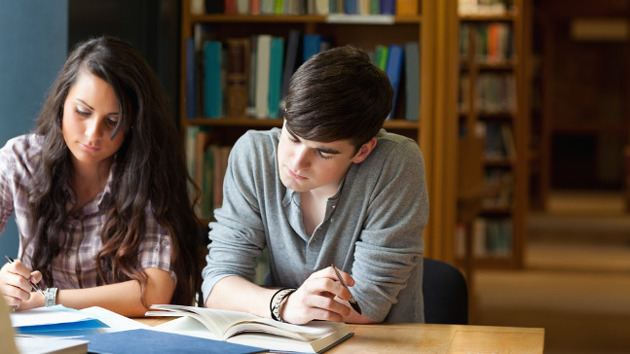 Zwei Studierende sitzen in der Bibliothek und lesen mit einem Stift in der Hand in ihren Büchern.